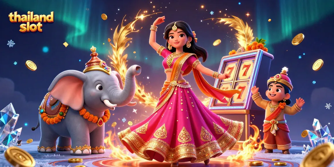 Experience thrilling action at thailand slot with a vibrant scene of a woman, elephant, and slots.