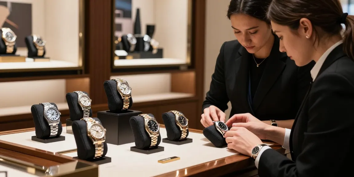 Showcase of Rolex super clone watches in a luxurious boutique setting with attentive customer service.