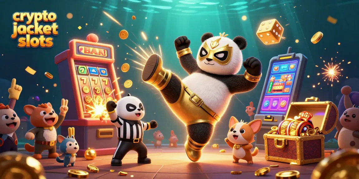 Action-packed scene with crypto jackpot slots celebration featuring a panda wrestler and cheering animals.