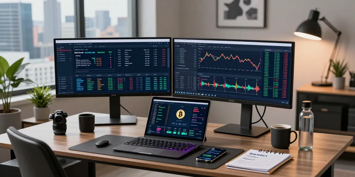 ifps trading workspace with cryptocurrency charts, blockchain wallet, and DeFi dashboard in modern home office