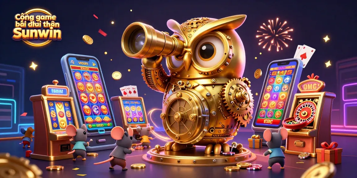 Cổng game bài đổi thưởng Sunwin showcases an engaging 3D cartoon scene with a golden owl and dynamic casino elements.