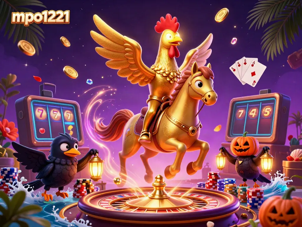 Engage with mpo1221 at a vibrant casino scene featuring golden rooster characters, spinning roulette, and sparkling gems.
