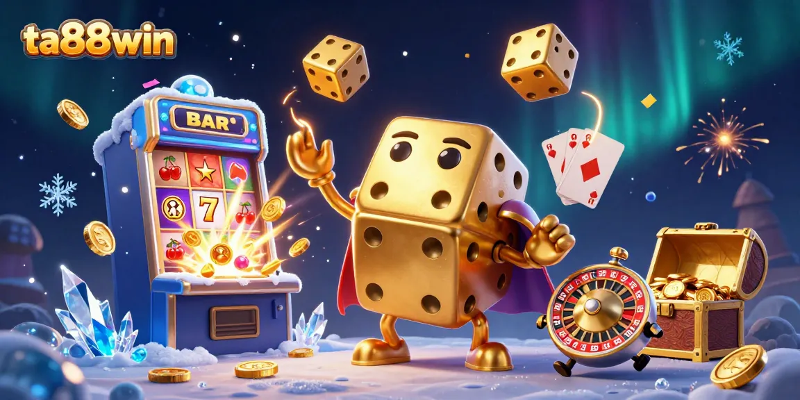 ta88win showcases a golden dice golem juggling dice in a vibrant casino scene