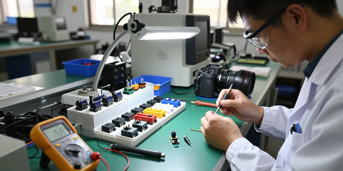 Technician assembling piezo switch in an industrial workspace, showcasing precision and craftsmanship.
