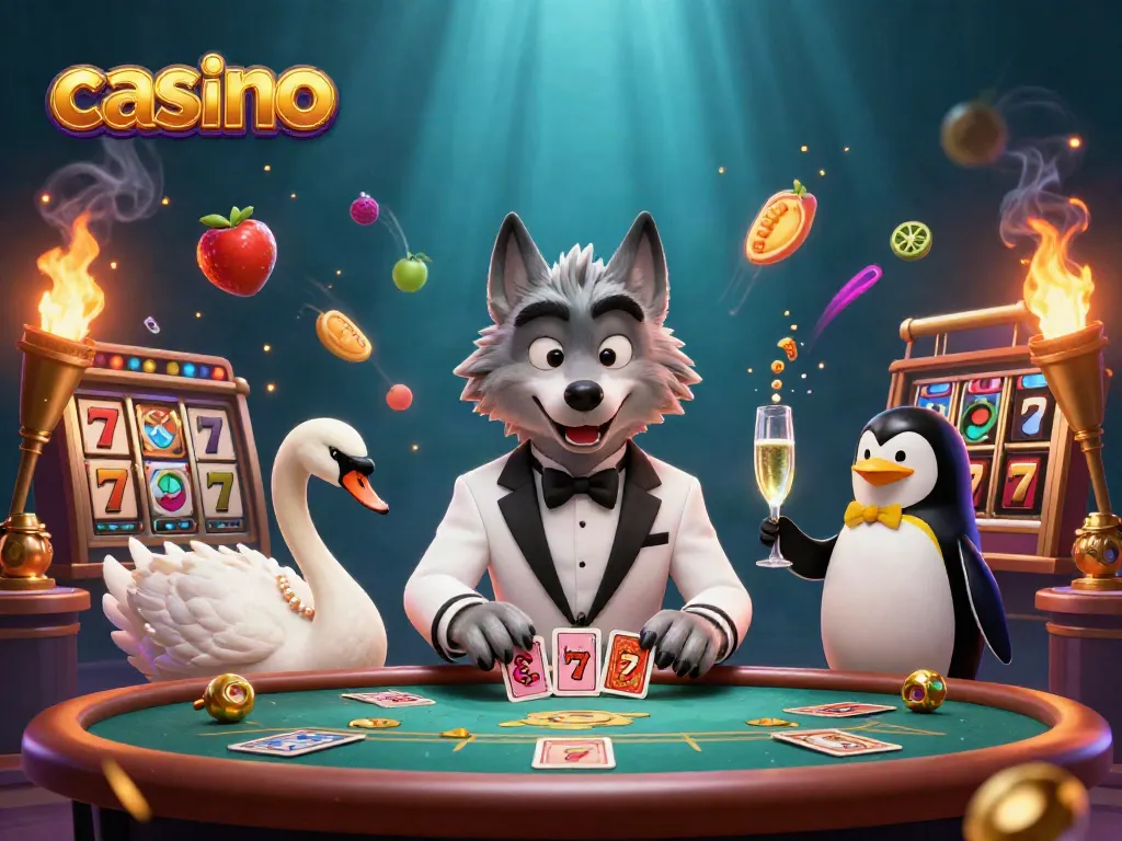 Engage with a vibrant casino scene featuring a debonair wolf, elegant swan, and penguin sommelier.