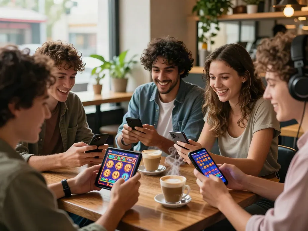 Exciting gaming session at luxury12, friends strategizing while enjoying slot games in a cozy cafe.