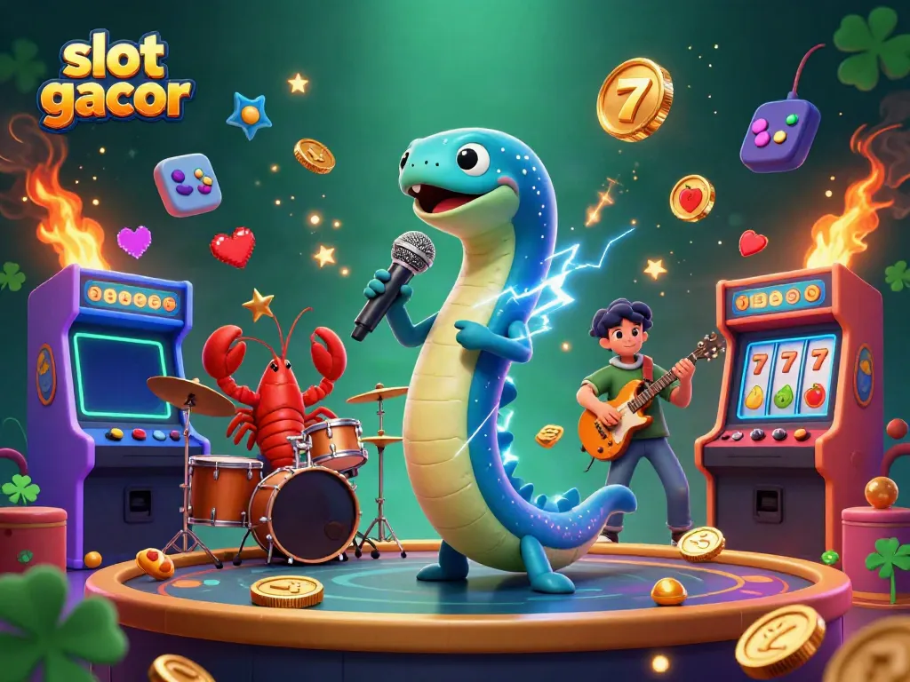 Experience the thrill of slot gacor with a vibrant underwater casino scene featuring an electric eel DJ.