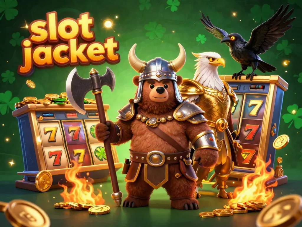 Experience an exciting slot jackpot atmosphere with vibrant 3D characters amid swirling coins and flashing slot reels.