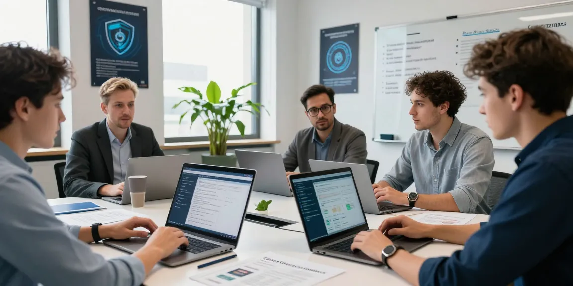 Team discussing cyber essentials insurance in a modern office setting with laptops and documents.