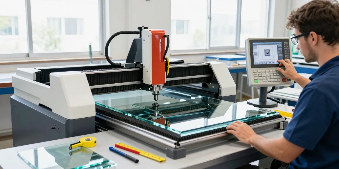 Technician using a glass cutting machine CNC for precise glass design in a modern workshop.