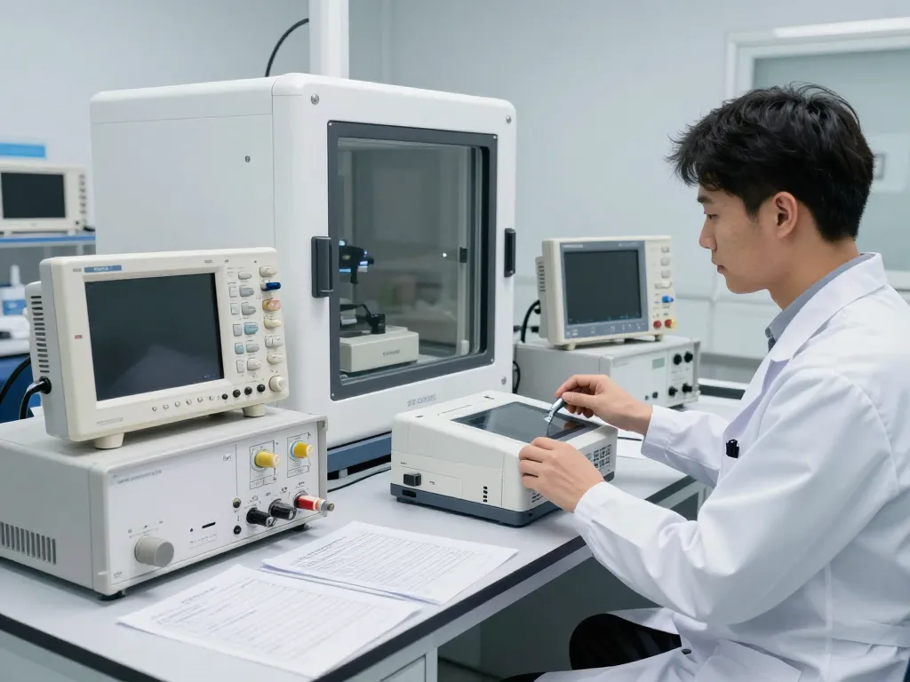Medical EMC testing conducted by a technician in a modern lab, showcasing advanced equipment and a focus on compliance.