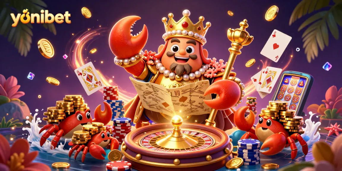 Experience thrilling games with yonibet's vibrant 3D casino scene featuring a golden crab emperor.