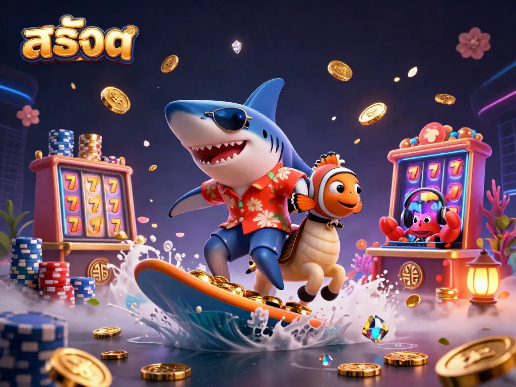 Engage with สล็อต in this vibrant scene of a shark surfing coins and lucky slot machine reels.