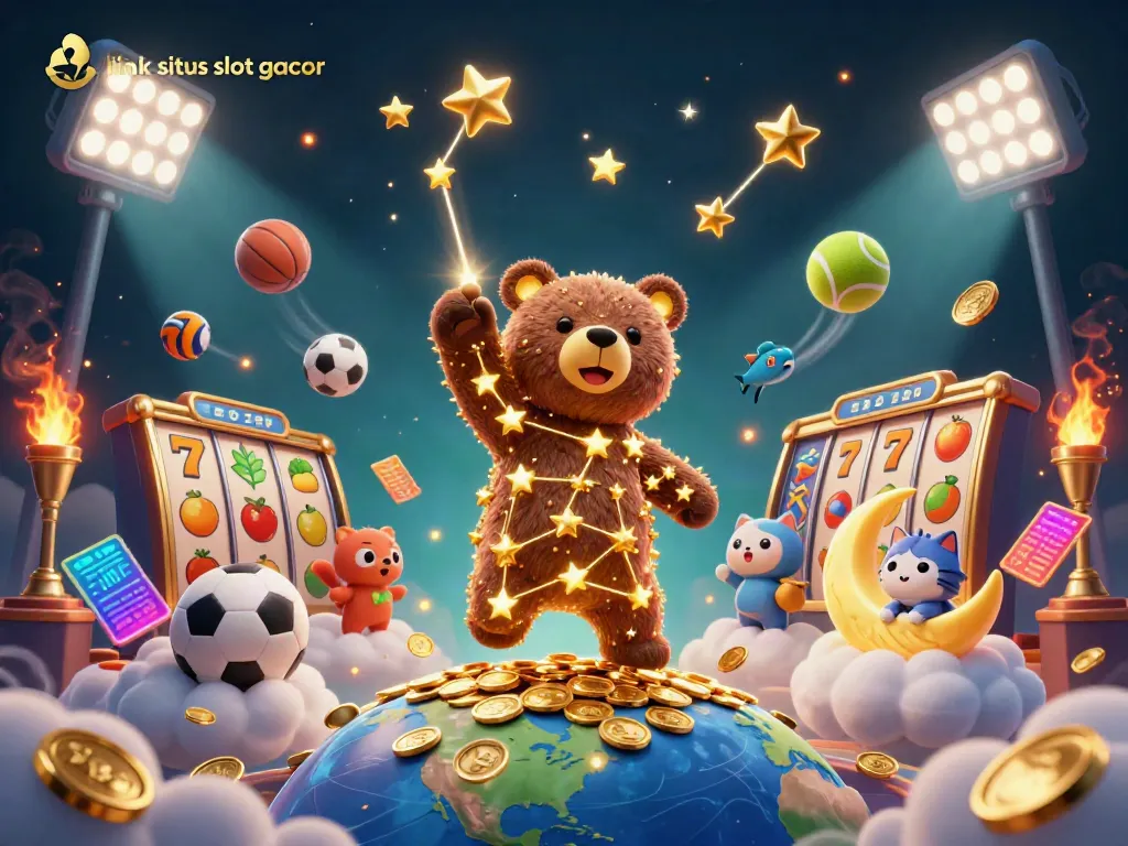 Permainan link situs slot gacor menampilkan beruang rasi bintang, ikan jatuh, dan simbol slot yang berkilau.