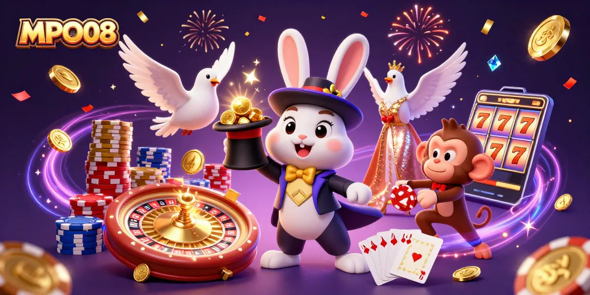 MPO08 brings thrilling wins with golden coins, poker chips, and vibrant casino energy in a magical scene.