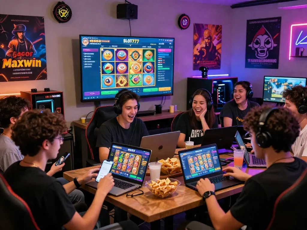 Players enjoying SLOT777's slot gacor maxwin games in a lively gaming lounge, showcasing excitement and community.