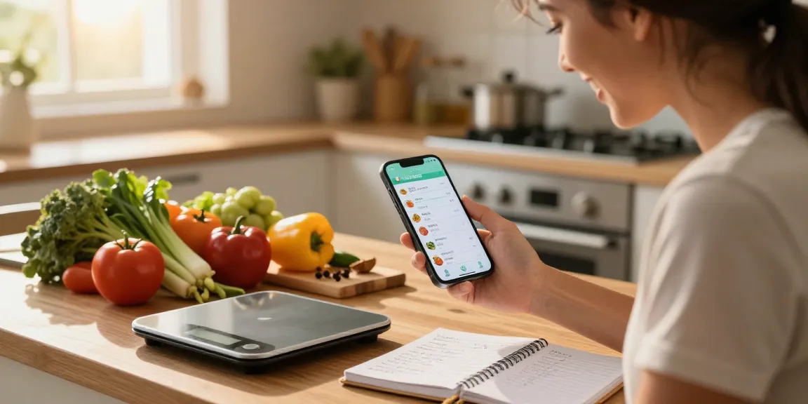 Using the best food tracker app in a sunlit kitchen filled with fresh ingredients, promoting healthy meal prepping.