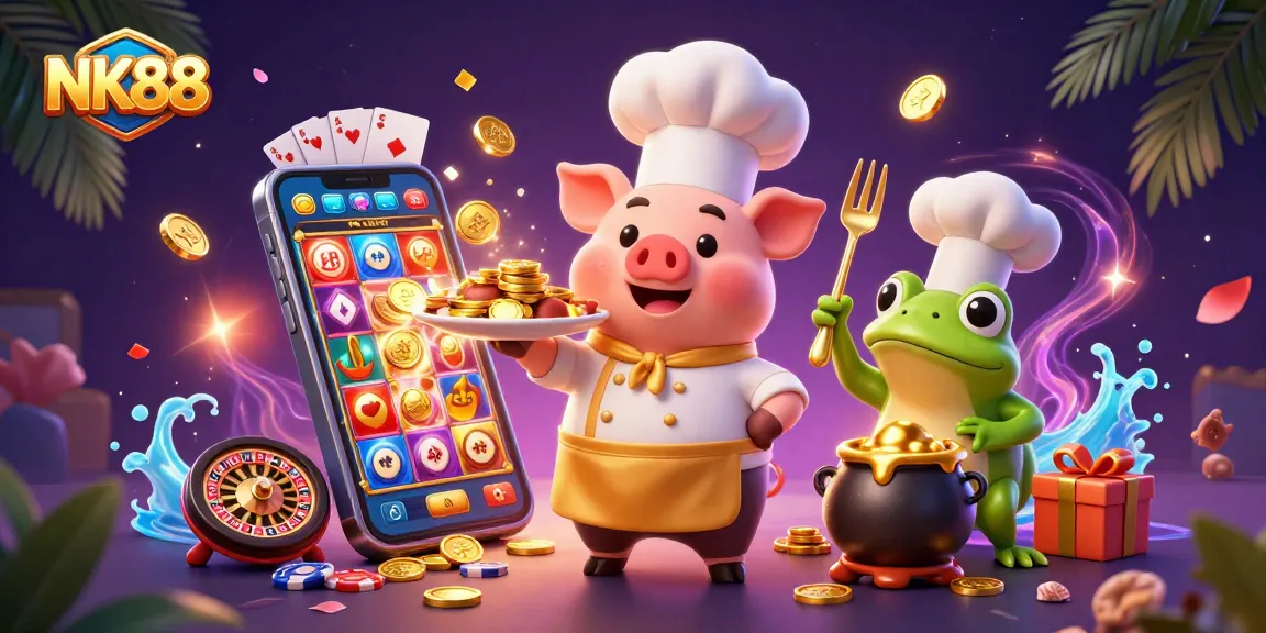 NK88 showcases a vibrant casino experience with a whimsical chef pig, golden coins, and gaming elements.