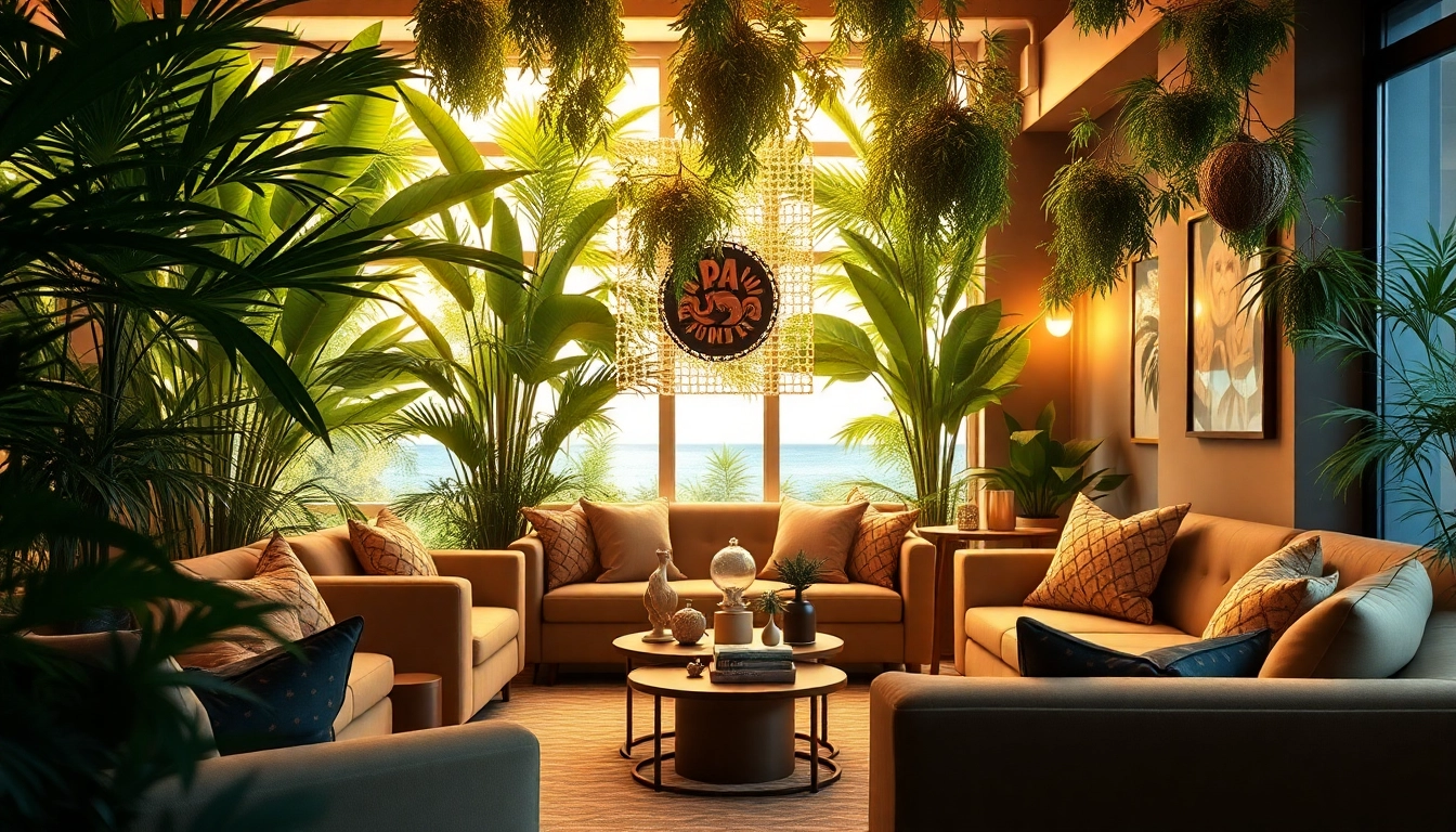 Relaxing atmosphere in Clubs Cannabis Lloret De Mar lounge featuring vibrant decor and greenery.
