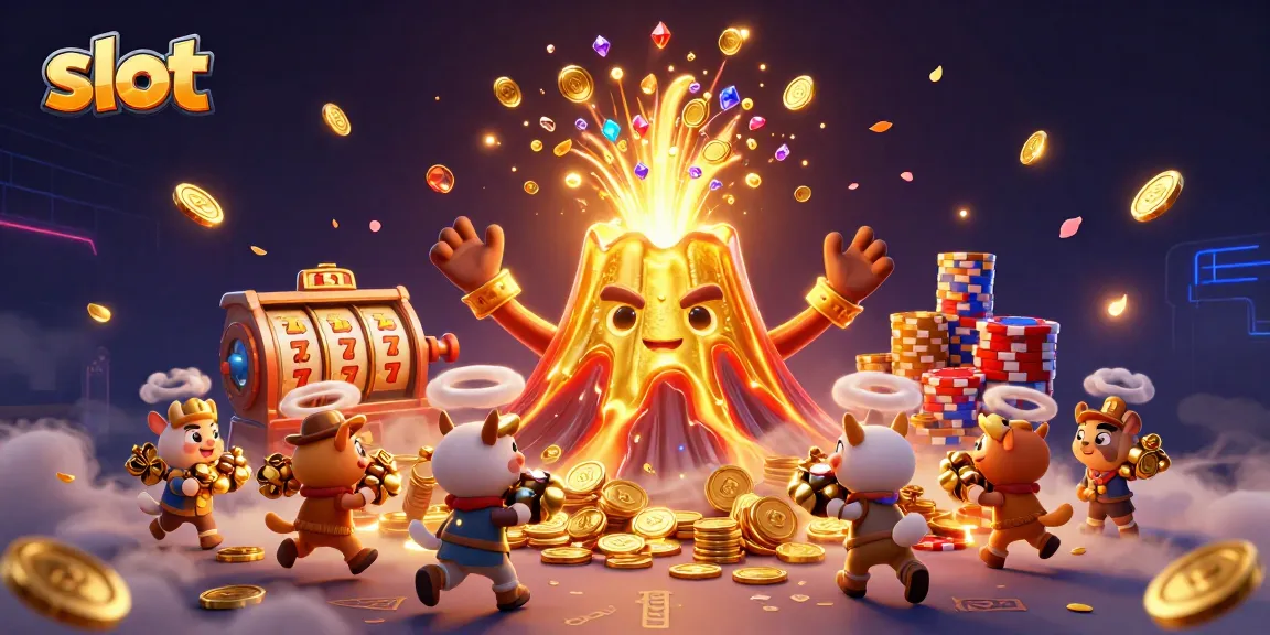 Play exciting slot games amid a vibrant eruption of coins and treasures in this thrilling casino scene.