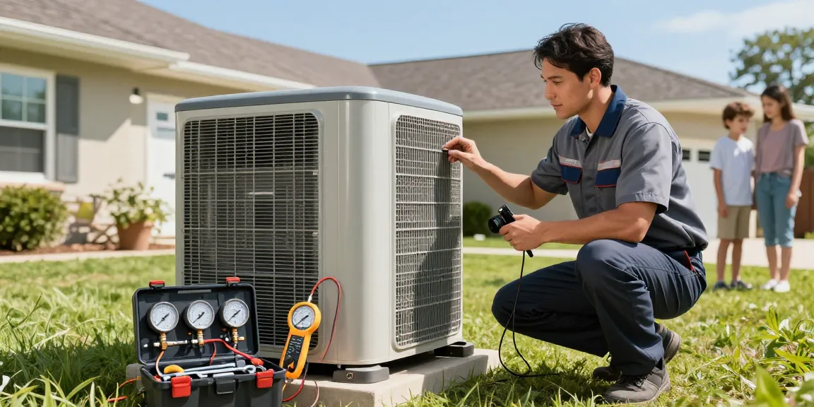 AC Repair technician troubleshooting outdoor unit in a residential home setting.