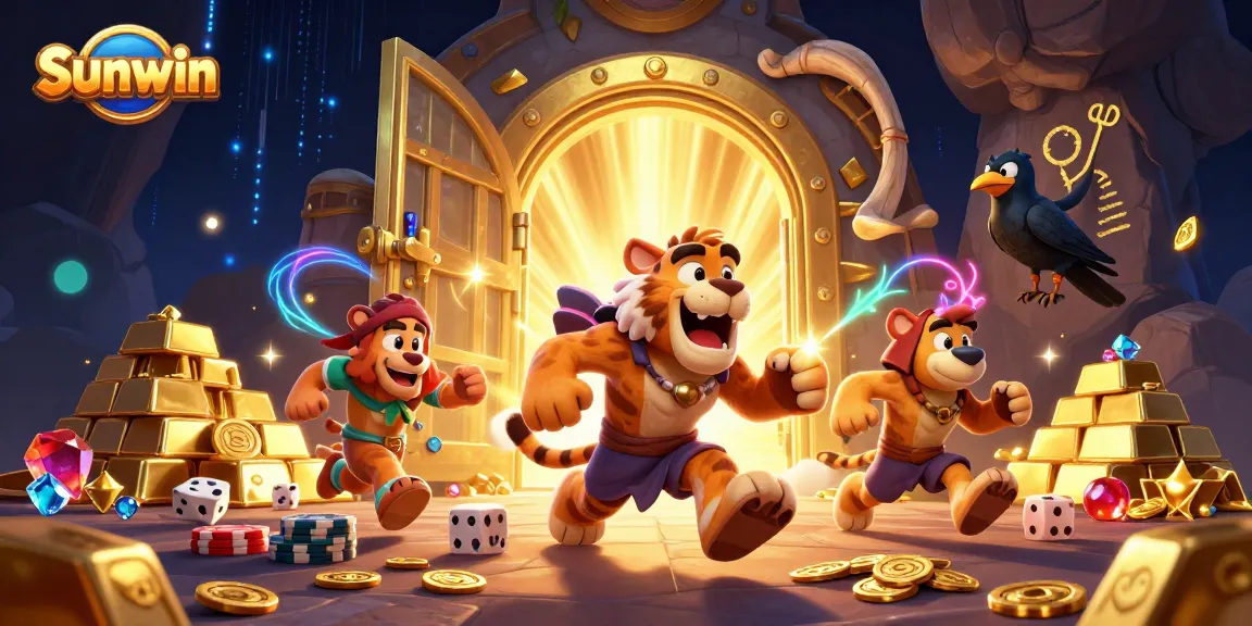 Sunwin showcases a dynamic casino atmosphere with a caveman duo and treasures.