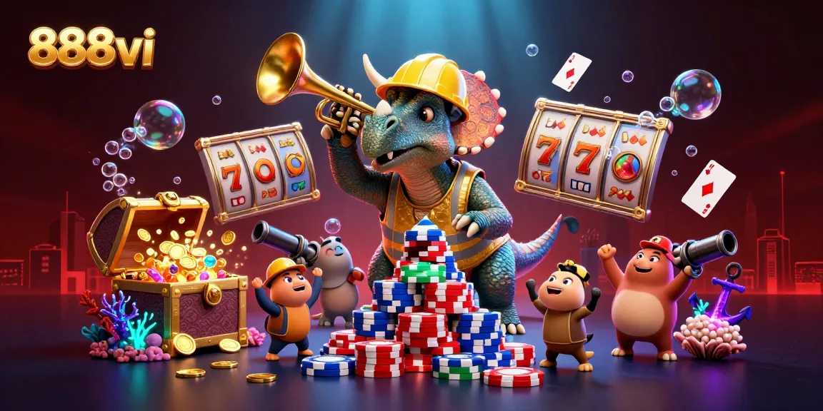 Engage with 888vi as a triceratops builds poker chip towers amid vibrant casino elements.