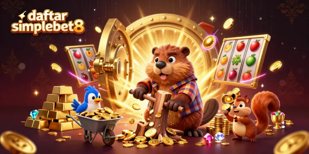 Experience the excitement of daftar simplebet8 with vibrant 3D casino elements featuring beavers and treasures.
