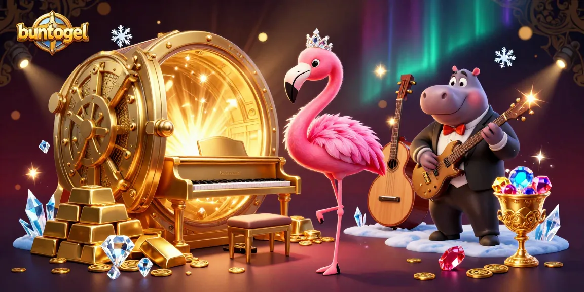 Buntogel's vibrant online gambling scene featuring a flamingo singer and hippo bassist with gold treasures.