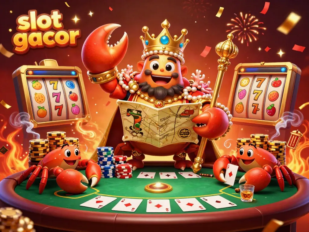 Engaging scene showcasing slot gacor with a golden crab emperor and hermit crabs in a vibrant casino atmosphere.
