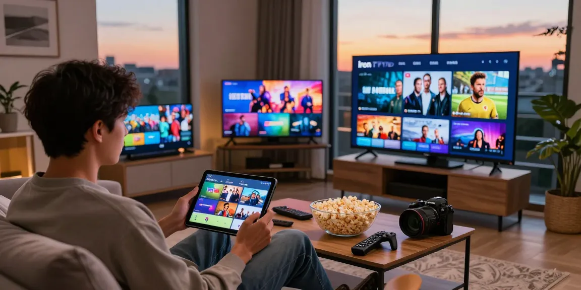 Enjoying a cozy movie night with Iron tv pro streaming vibrant IPTV content on multiple screens