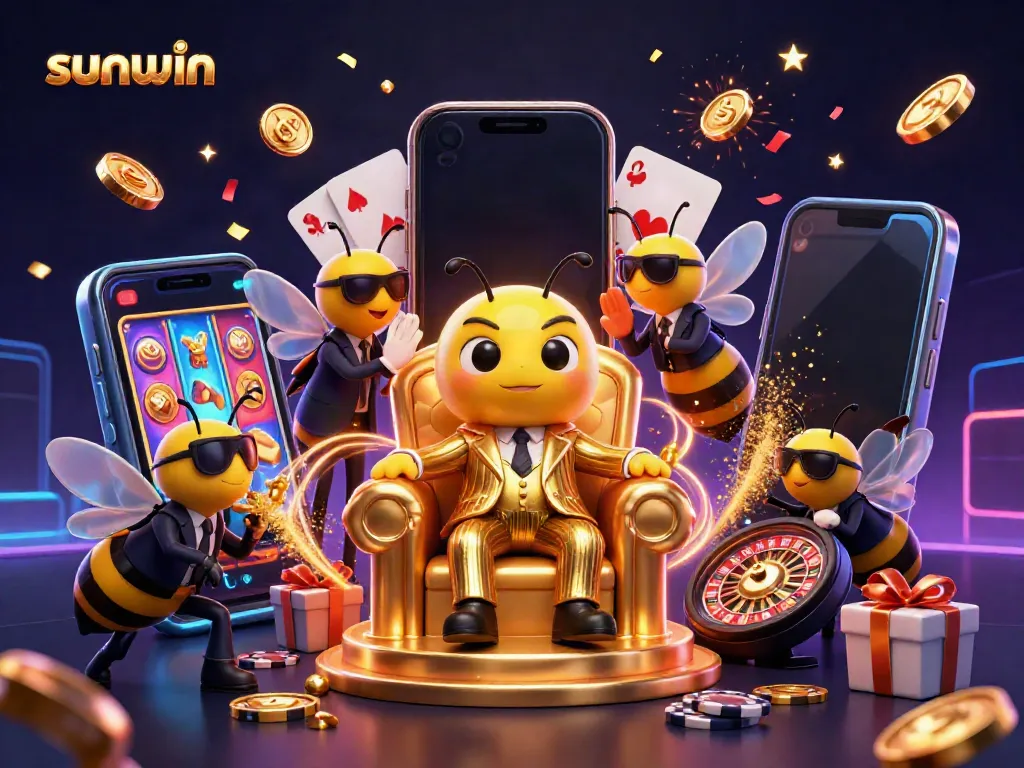 Experience the excitement of sunwin gaming with a vibrant and dynamic 3D casino scene featuring a mob boss and games.