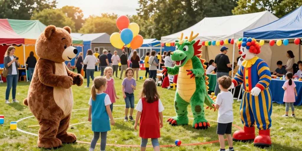 Children interacting with vibrant mascot costumes UK at a school fair.