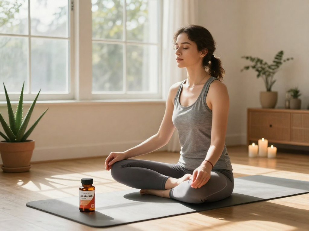 Discover the benefits of premium astaxanthin in a peaceful wellness setting, featuring a woman meditating.