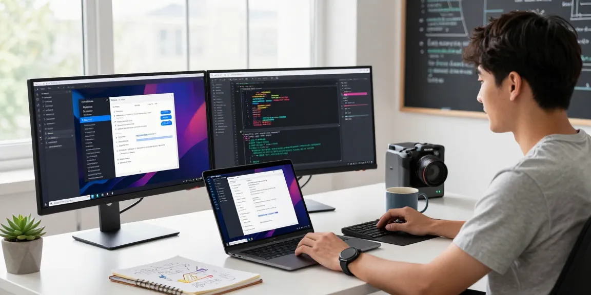 Developer coding 纸飞机中文版 on multiple monitors in a modern workspace.