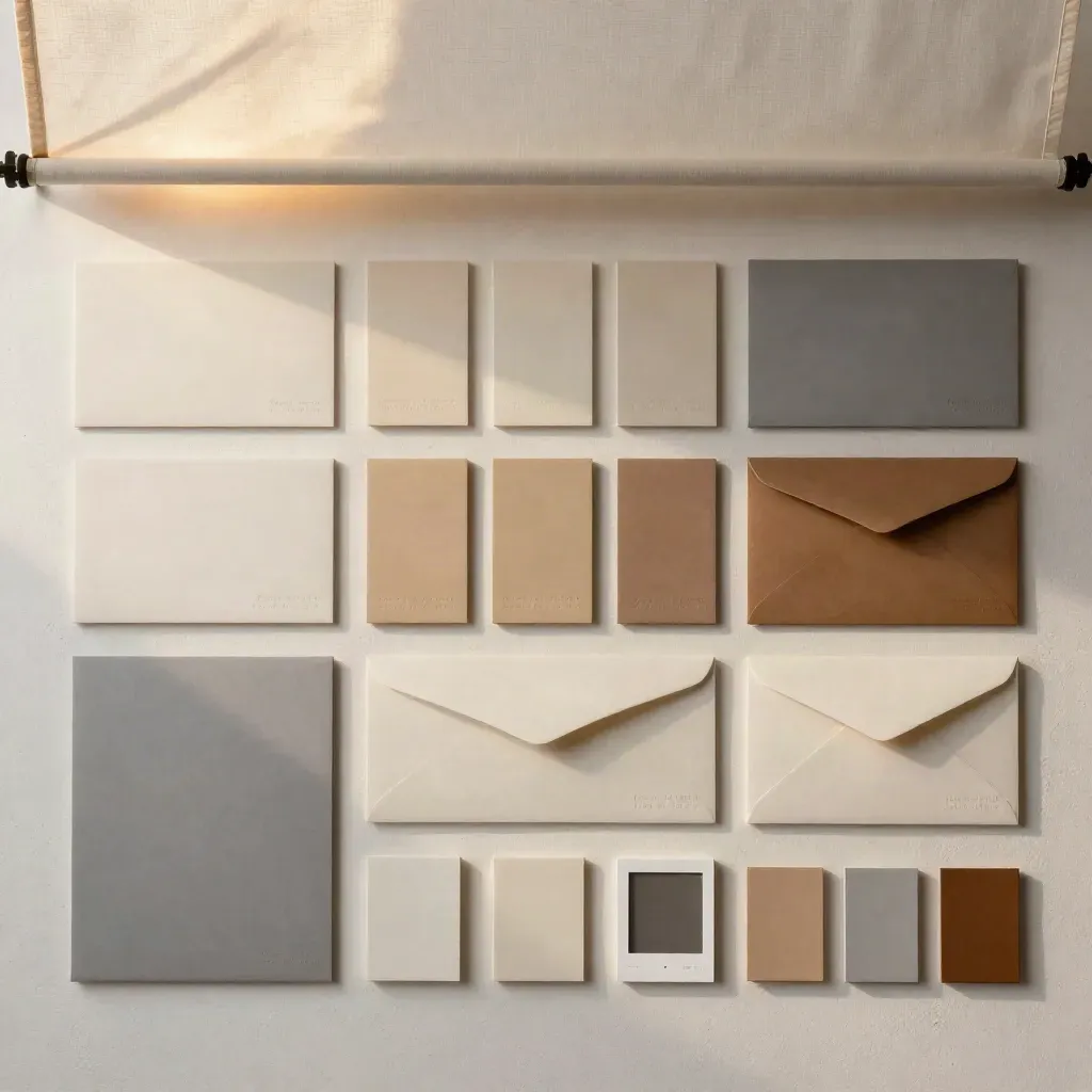 Overhead grid of identity boards, color chips, and mockup templates on a warm plaster studio surface.