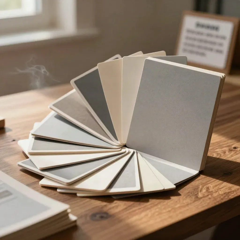 Fan of square campaign tiles on a walnut workbench in soft daylight.
