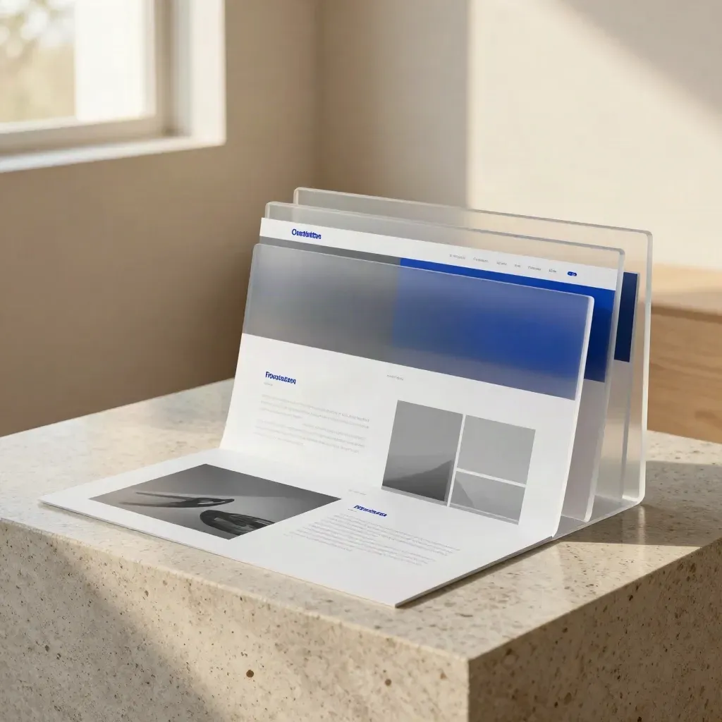 Translucent acrylic website mockup panels on travertine with soft cobalt light and studio reflections.