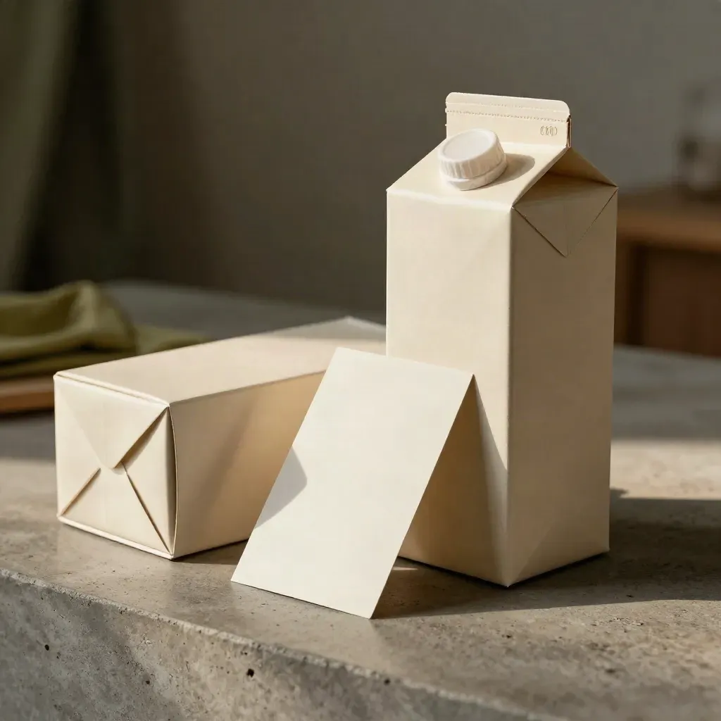 Cream carton, rigid boxes, and wrap label samples in a dramatic packaging studio scene.