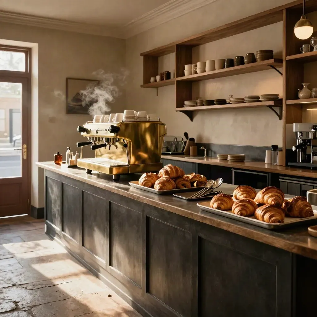 Warm café interior with brass espresso machine, pastries, stacked cups, and soft afternoon steam.