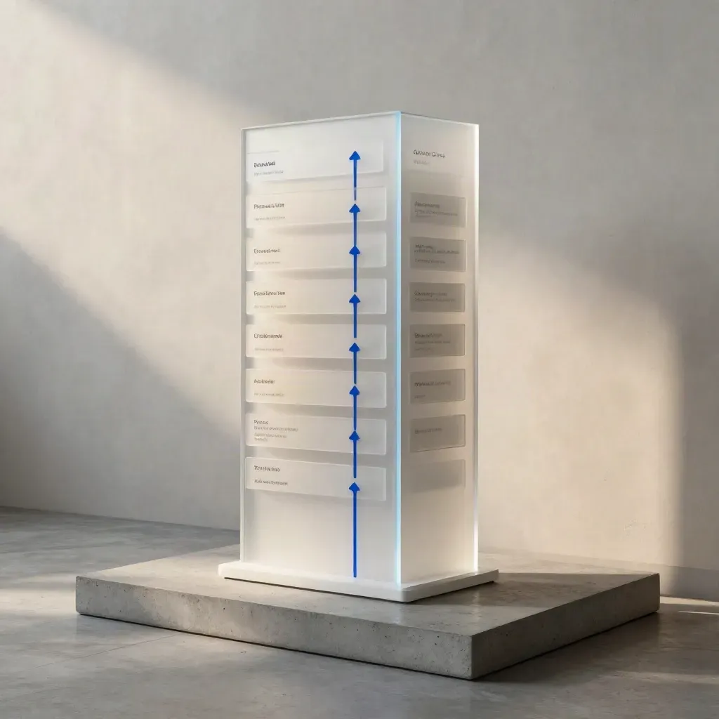 Layered acrylic browser cards and glowing wayfinding blocks on a clean studio plinth.