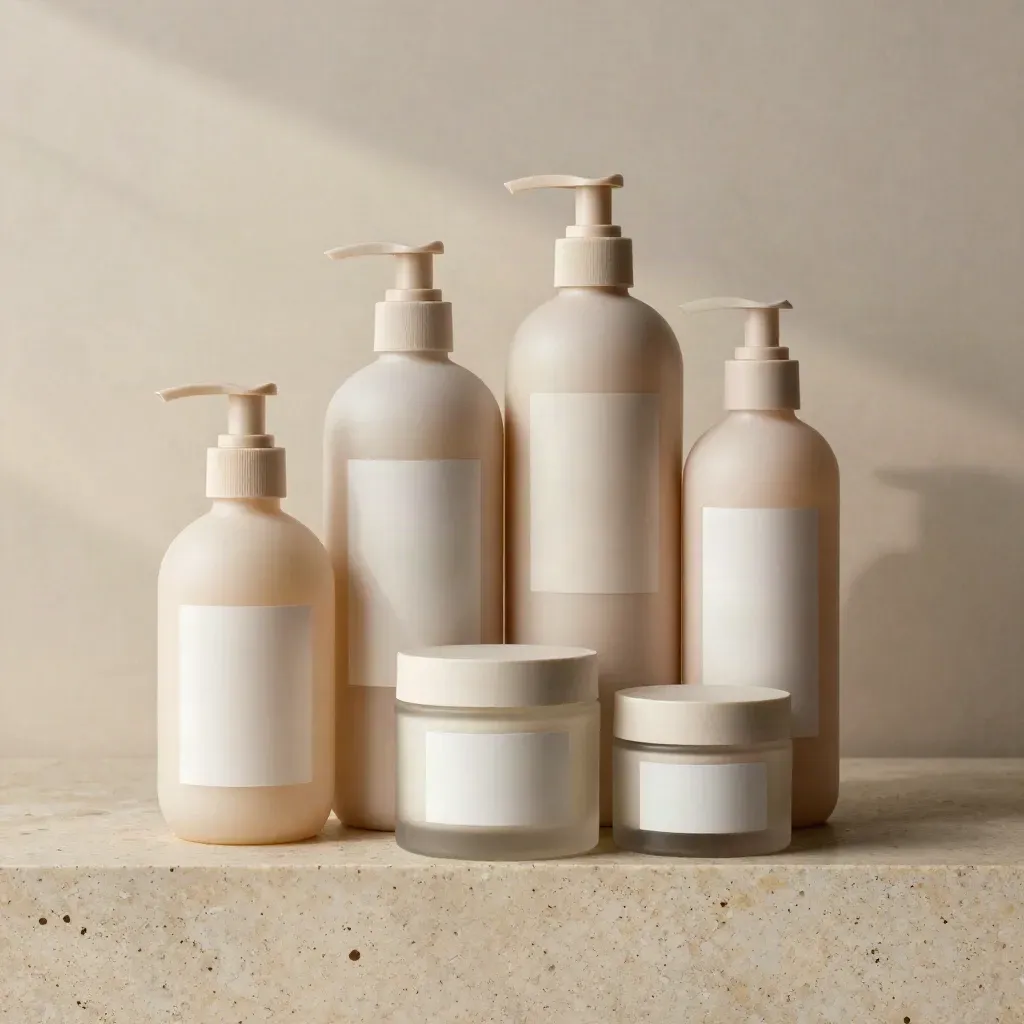 Skincare packaging lineup on travertine with soft daylight and refined ivory tones