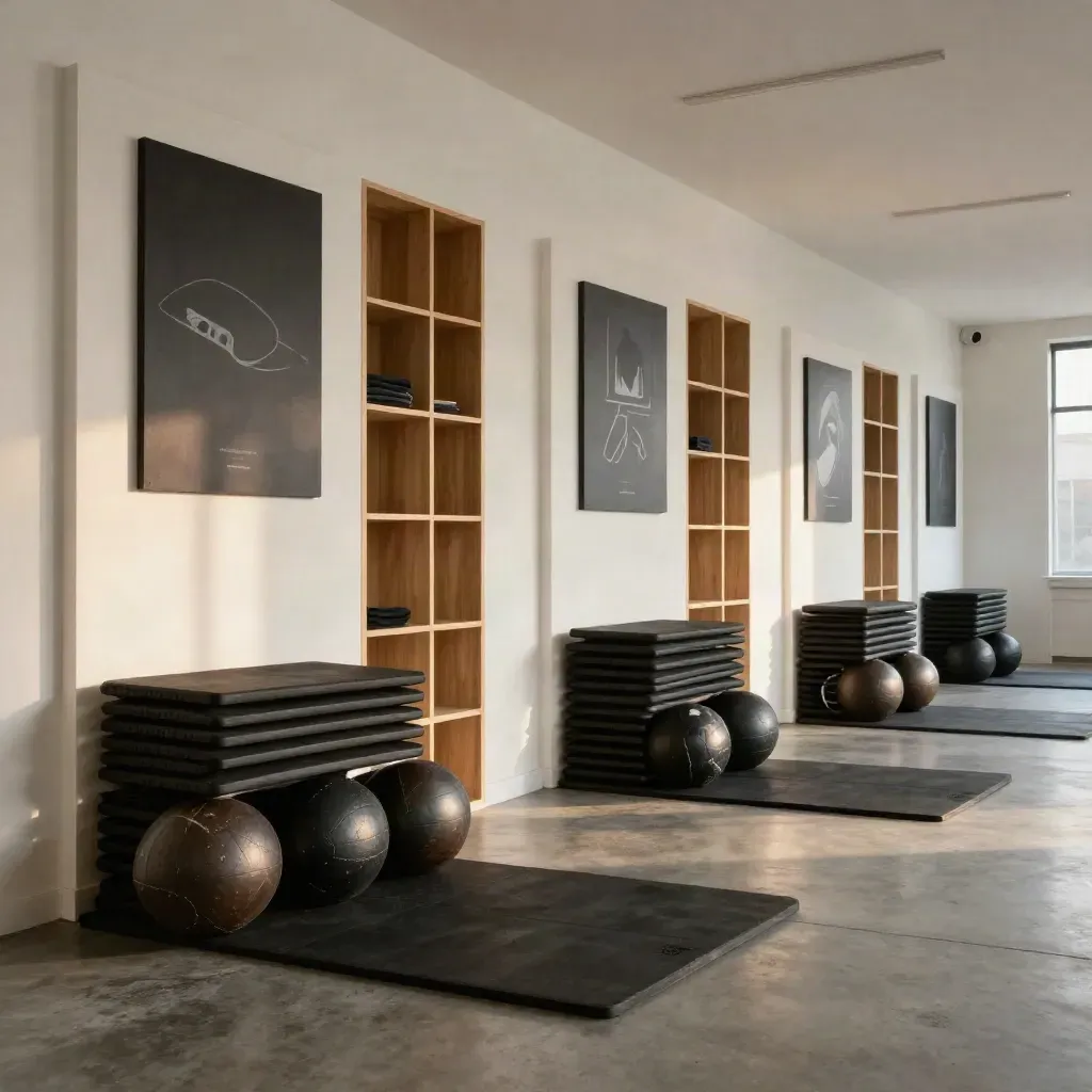 Three synced gym wall zones with mats, medicine balls, and towel cubbies in warm light.
