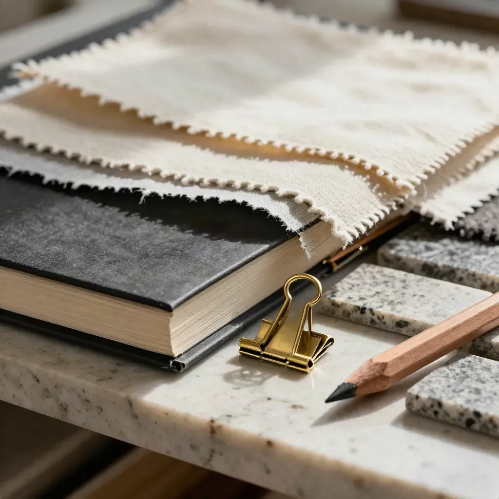 Macro still life of sketchbook, swatches, stone tiles, brass clips and pencil stub.