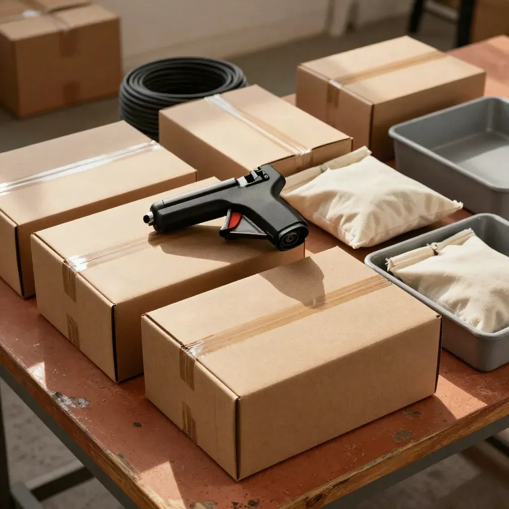 Overhead still life of packing boxes, tape gun, cable wraps, trays and fabric pouches.