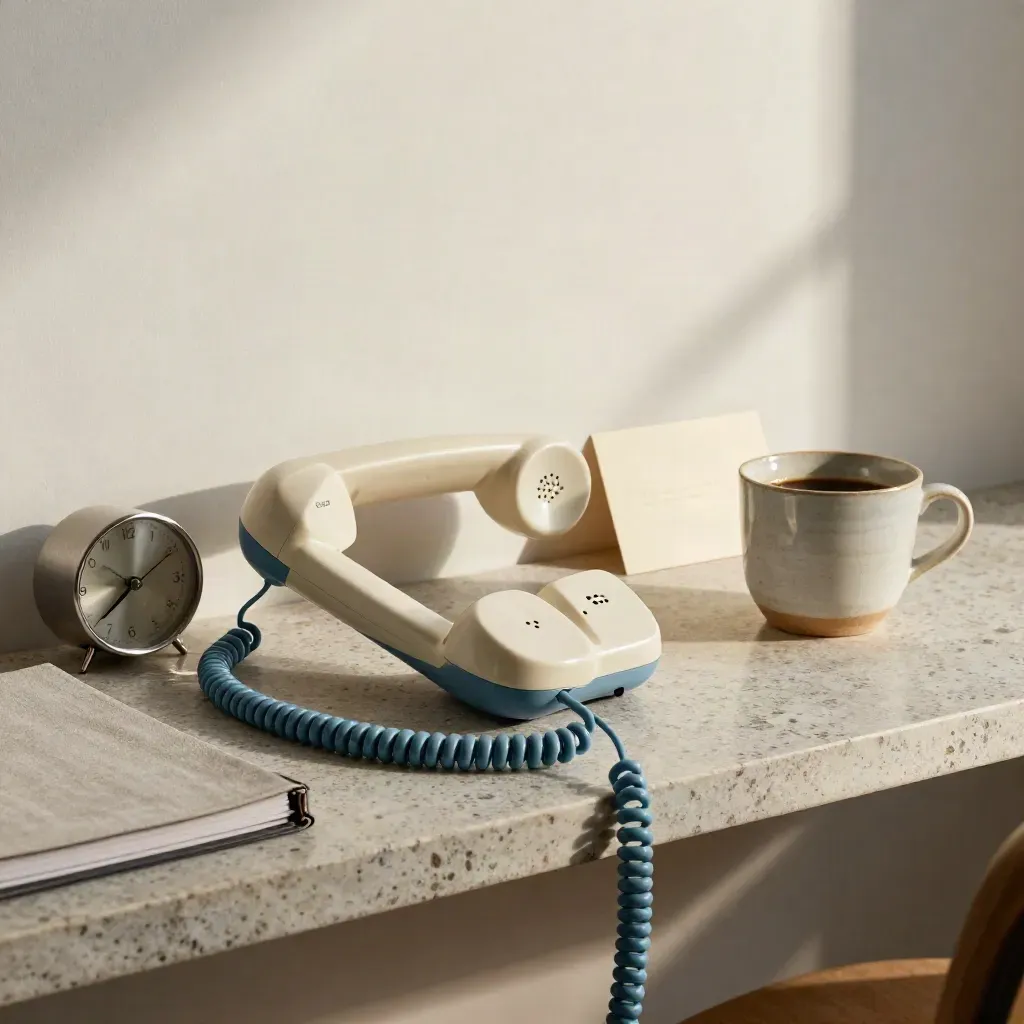 Corded phone, clock, notebook and coffee cup on a stone shelf with soft side light.