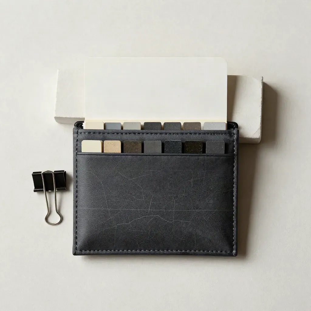 Top-down brand map still life with file wallet, color chips, clips and tabs on off-white plaster.