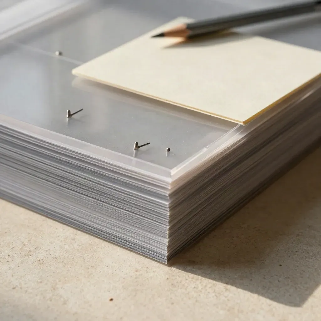 Transparent proof sheets, eraser crumbs, pencil stub and pins on pale stone