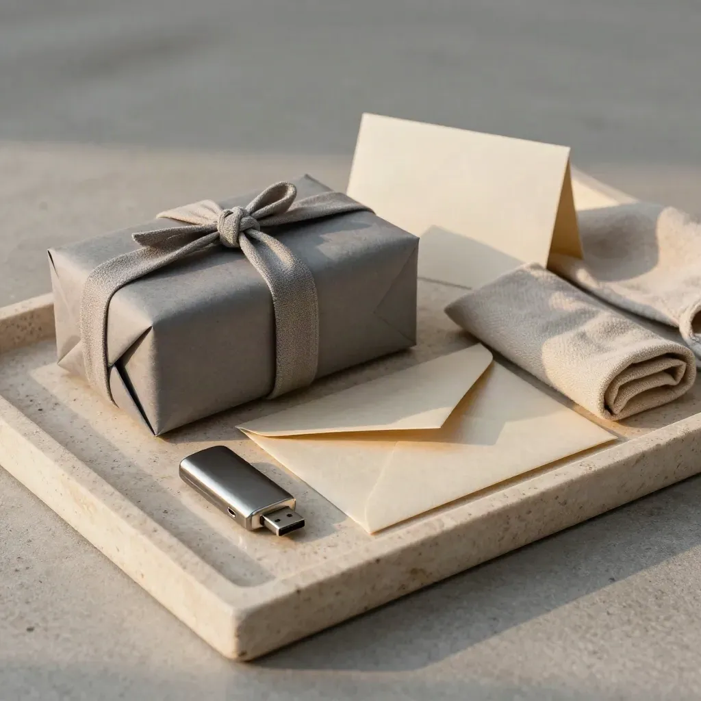 Stone tray still life with tied portfolio box, USB-C drive, archival envelope and fabric sleeve.