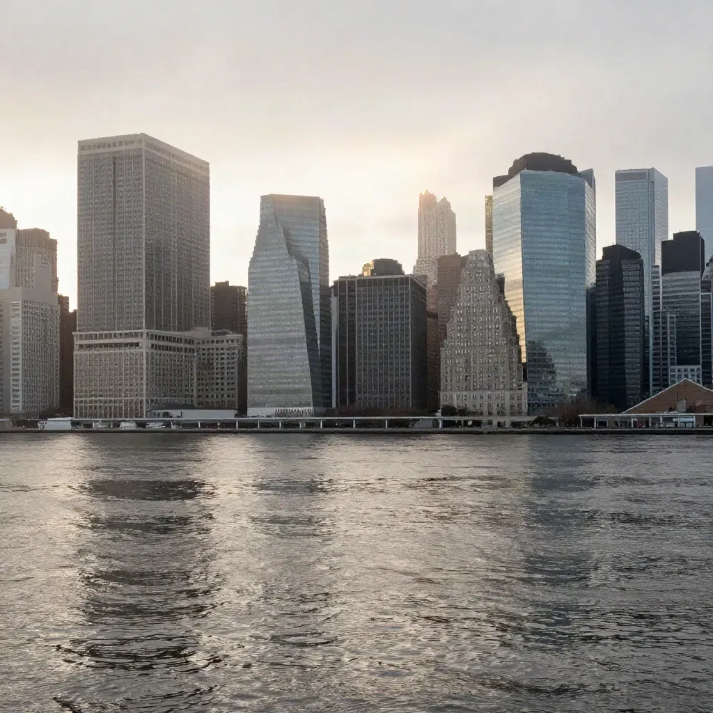 Dawn-misted Lower Manhattan skyline across the East River above calm pale water